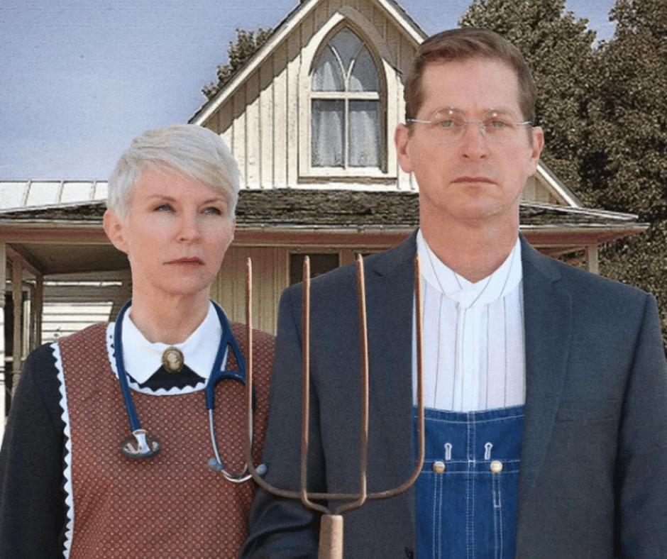 Paul and Amy posing as American Gothic