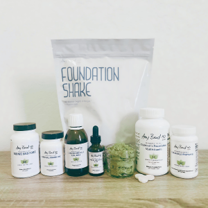 foundation shake, biome restore, optimal probiotic, liquid omega 3, liquid vitamin d, childrens foundation multivitamin, and chewable enzymes